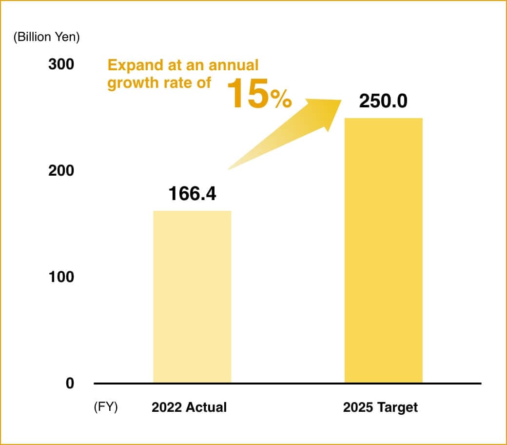 2022 Forecast 160 Billion Yen , 2025 Target 250 Billion Yen, Expand at an annual growth rate of 16%