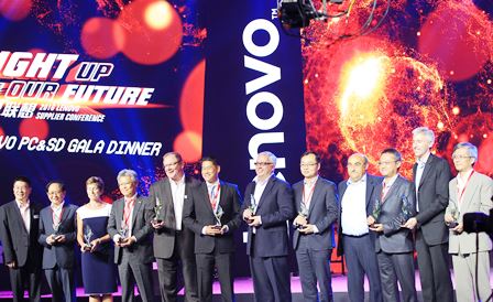 Representatives of the companies which won awards. Lenovo COO Lanci is fourth from right with TICH's Mizobuchi fourth from left