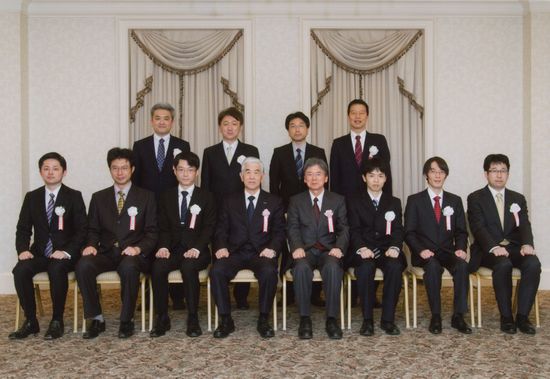 Toray Science and Technology Grants recipients with Nikkaku (front row, fourth from left) and Takao Shimizu (front row, fifth from left), Chairman of Selection Committee of the Toray Science Foundation