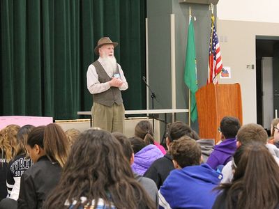 Stetson, as John Muir, lectures on environment at Elk Plain School of Choice