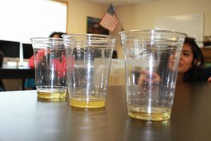 Janice Laureno of General Affairs (right) compares the sugar water filtered from the orange juice from each group of students