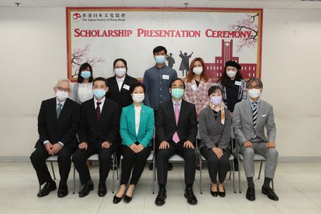 Mr. Wada (front row center right), Ms. Wong (front row center left), and Funahashi (front row far right) with five students (back row)