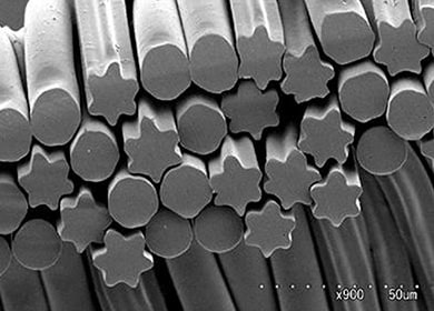 Cross-section of textile made from cationic dyeable polyester